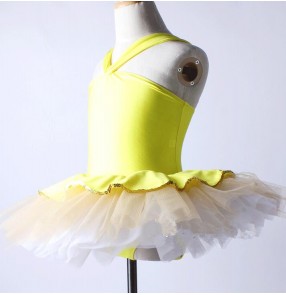 Neon yellow sleeveless girls kids children performance competition professional leotard ballet tutu skirt dance outfits dresses costumes